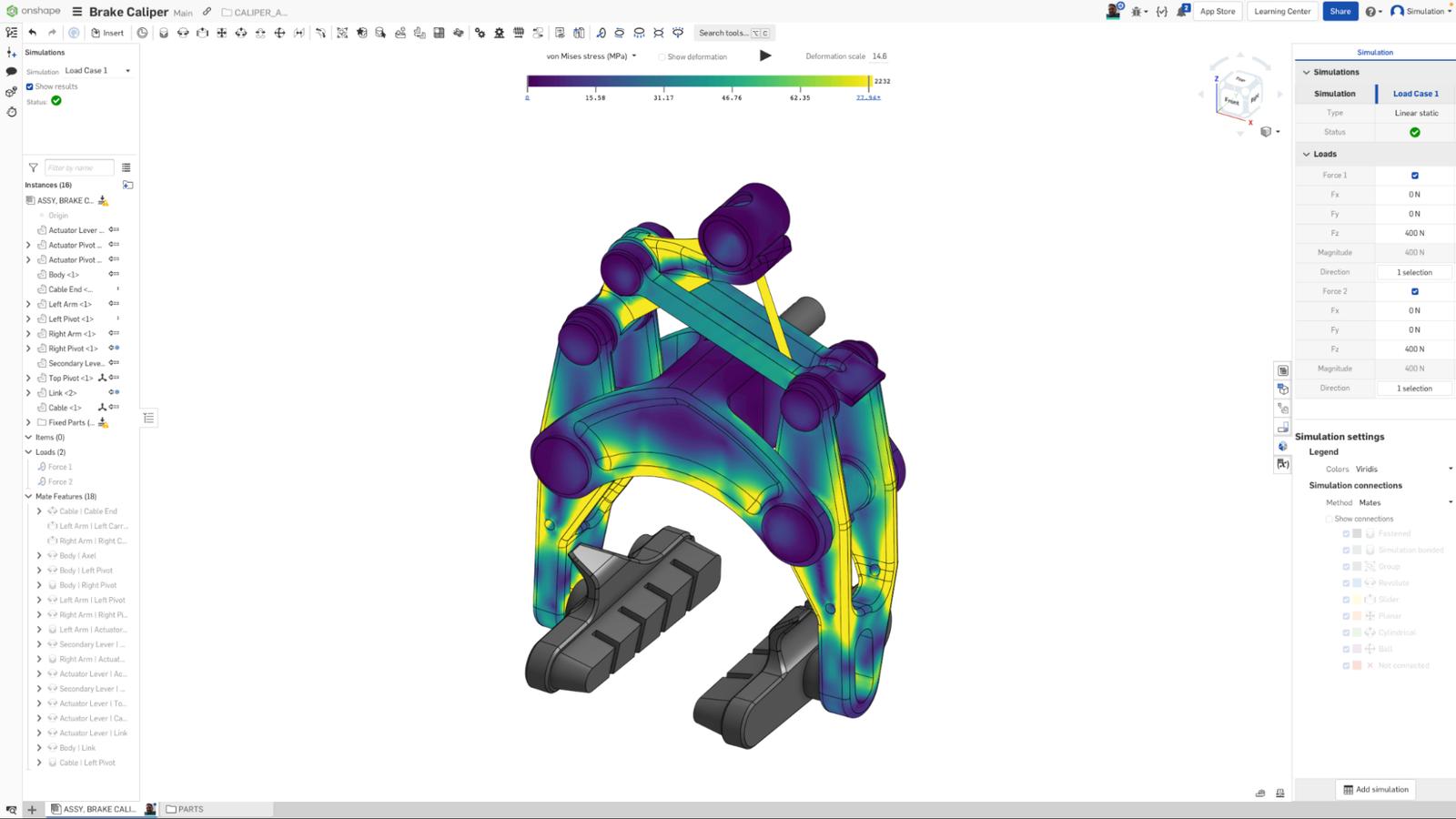A CAD model undergoing a simulation analysis in Onshape.