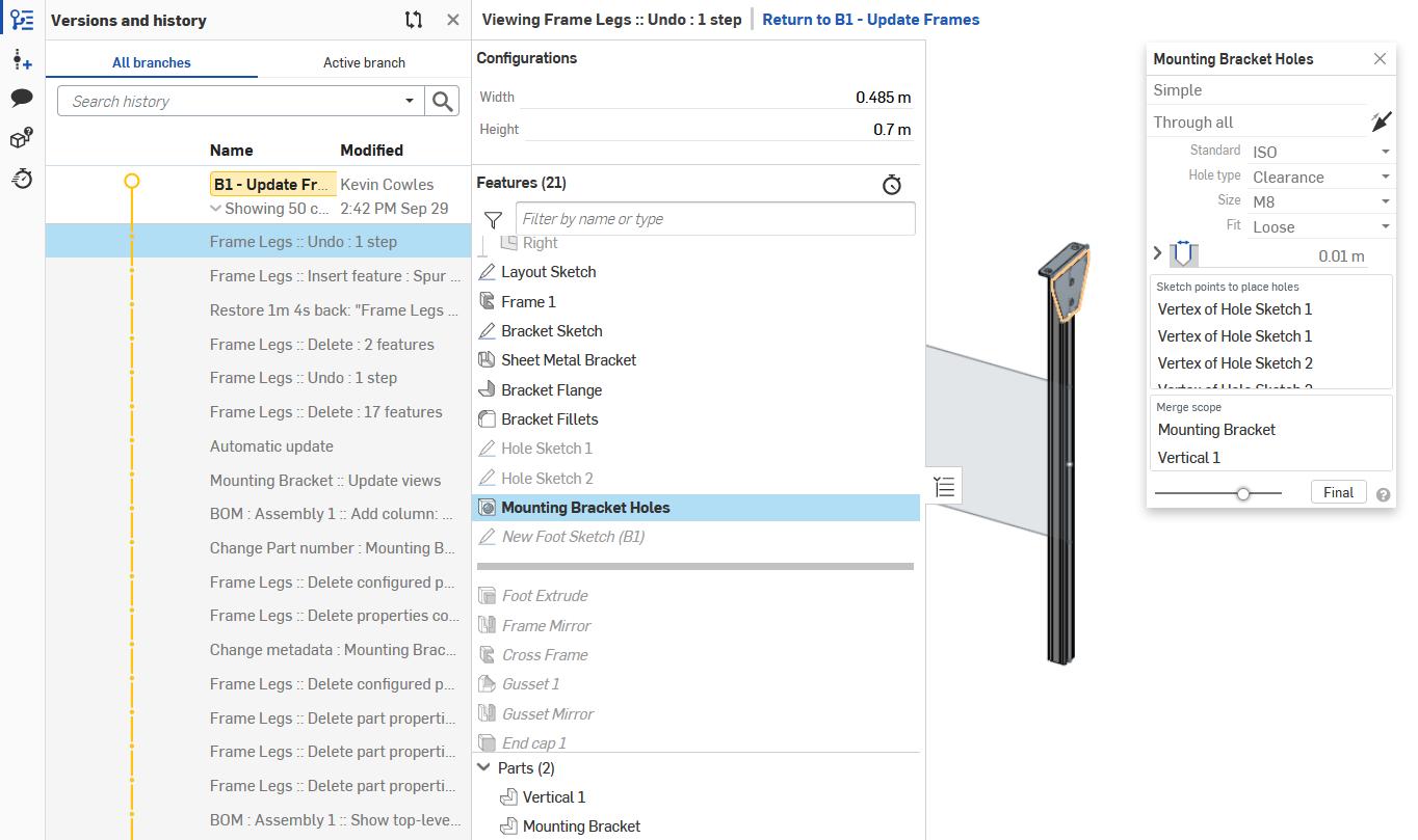 User is viewing the most recent change in the Onshape Versions and History for the Document. They have rolled up the feature tree and are viewing a feature dialogue in view-only mode.