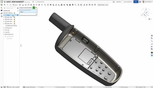 Onshape GUI showing the CAD-modeled cover of a handset PCB.