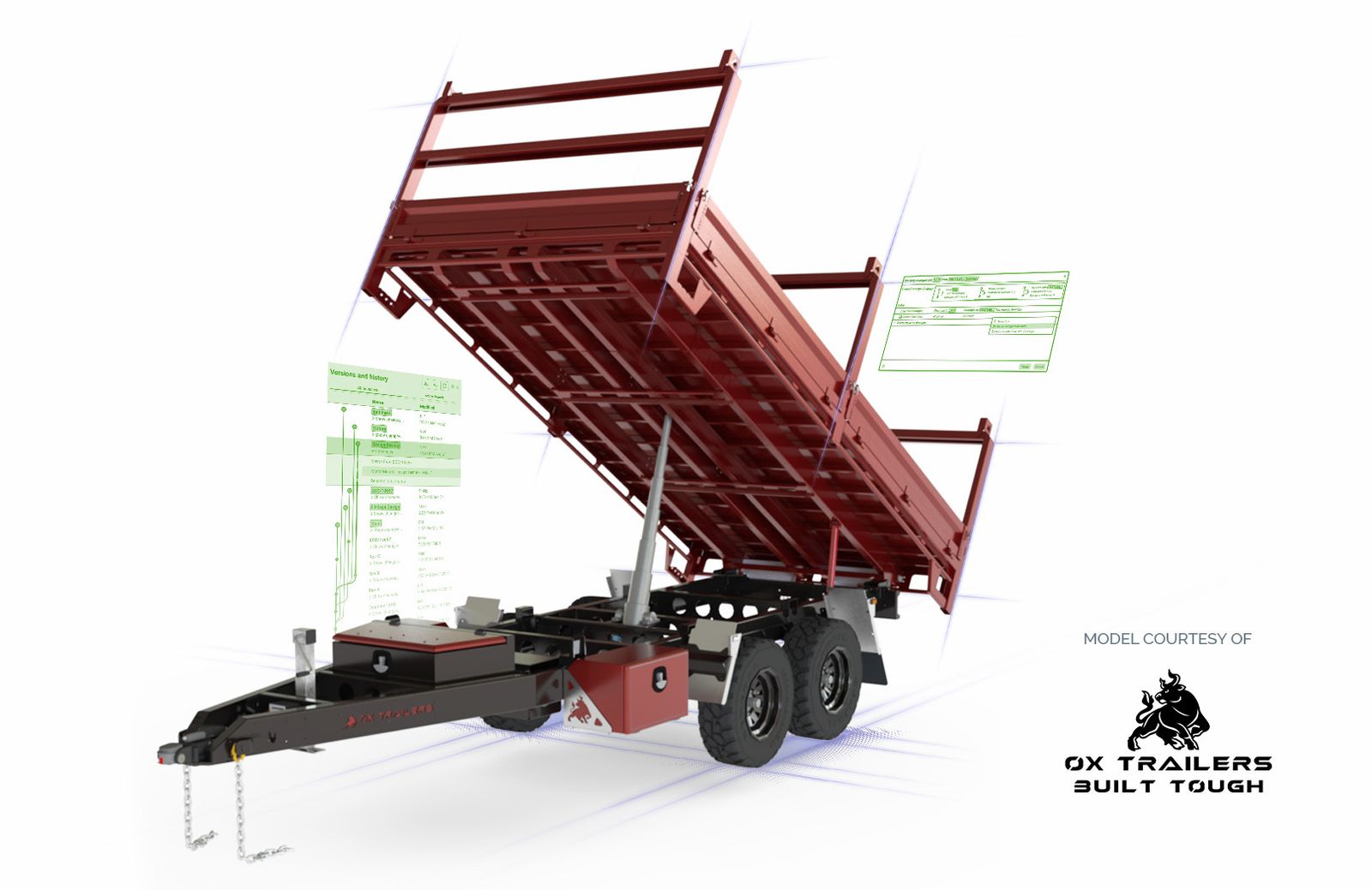 Onshape model of tipper trailer provided by Ox Trailers