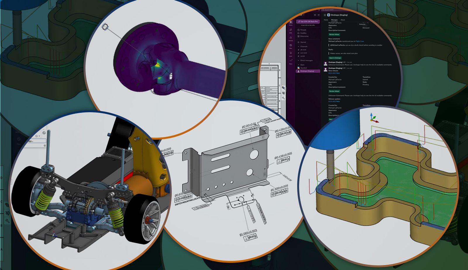 Collage with an overlay showing new features in Onshape.