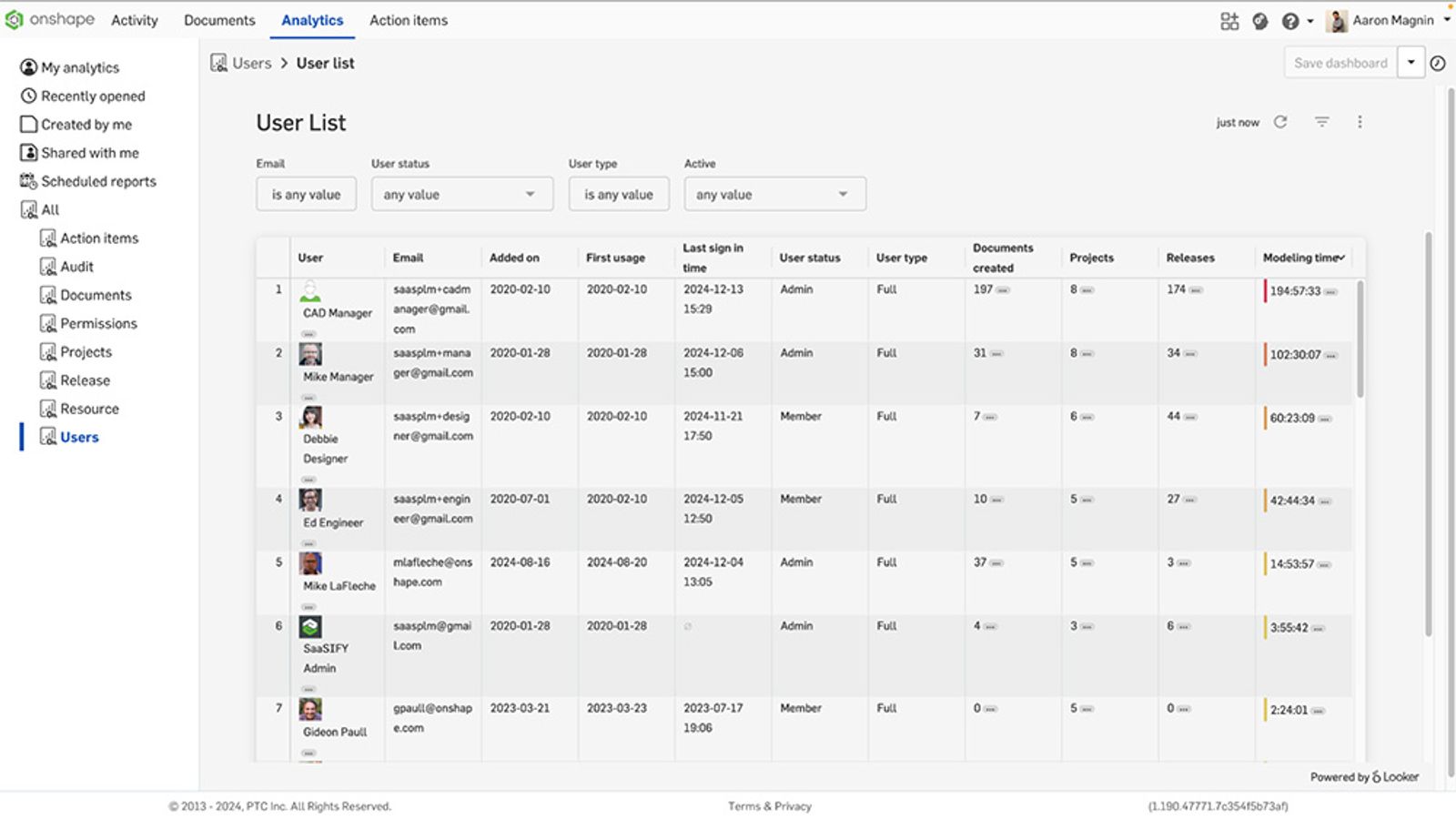 User dashboard in Onshape