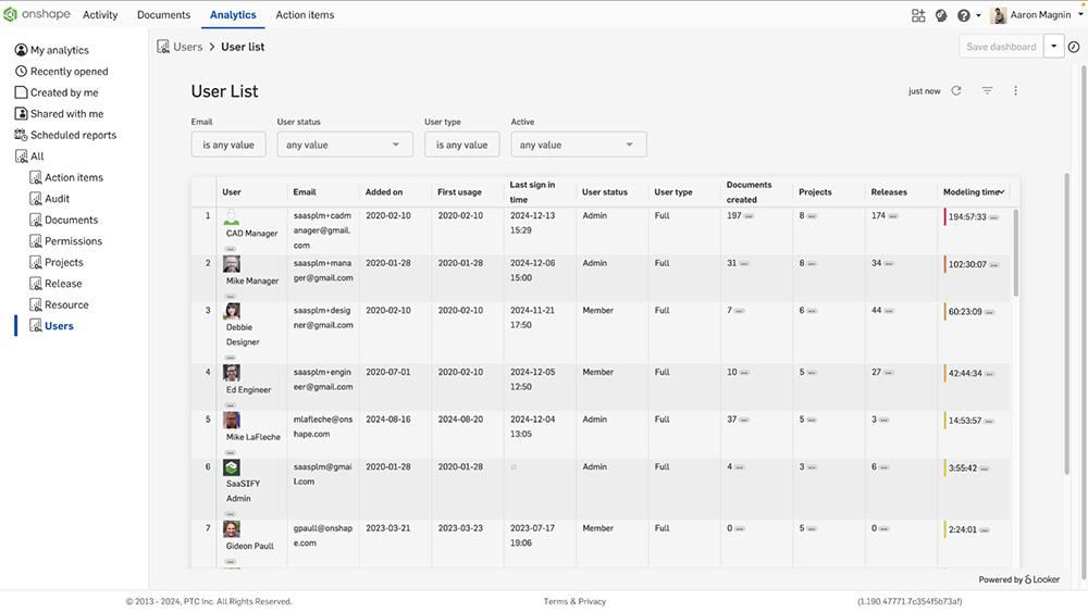 Dashboard utente in Onshape