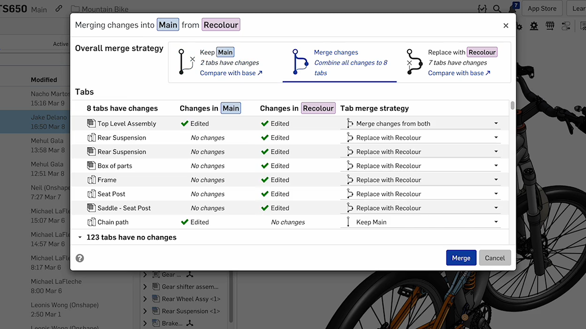 Verzweigen und Zusammenführen in Onshape