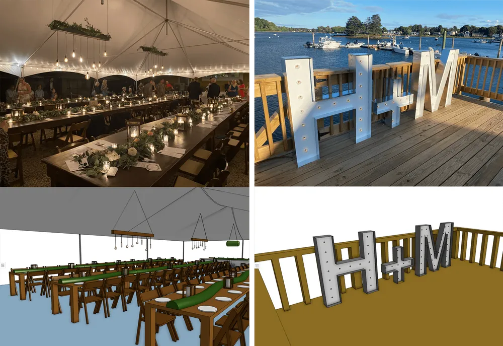 Onshape wedding venue models, bottom, compared to real life, top. 