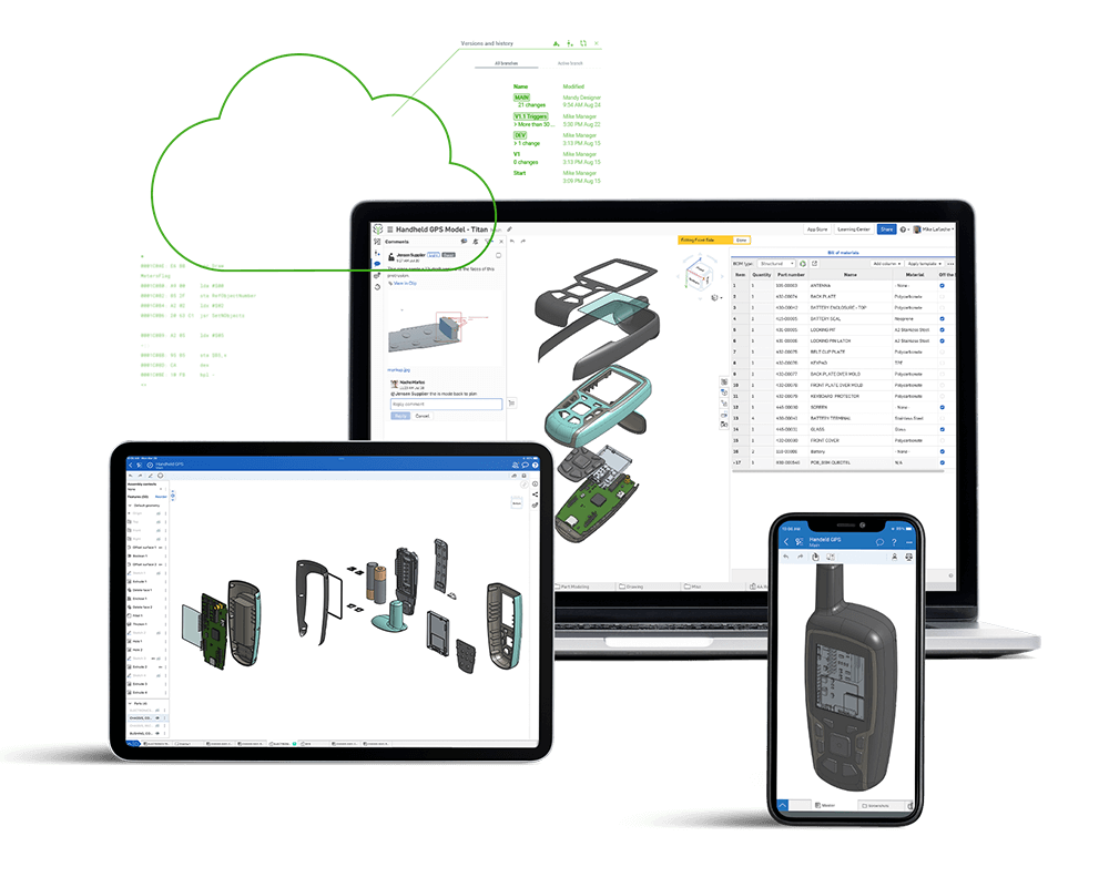 Onshape on a tablet, smartphone, and laptop.