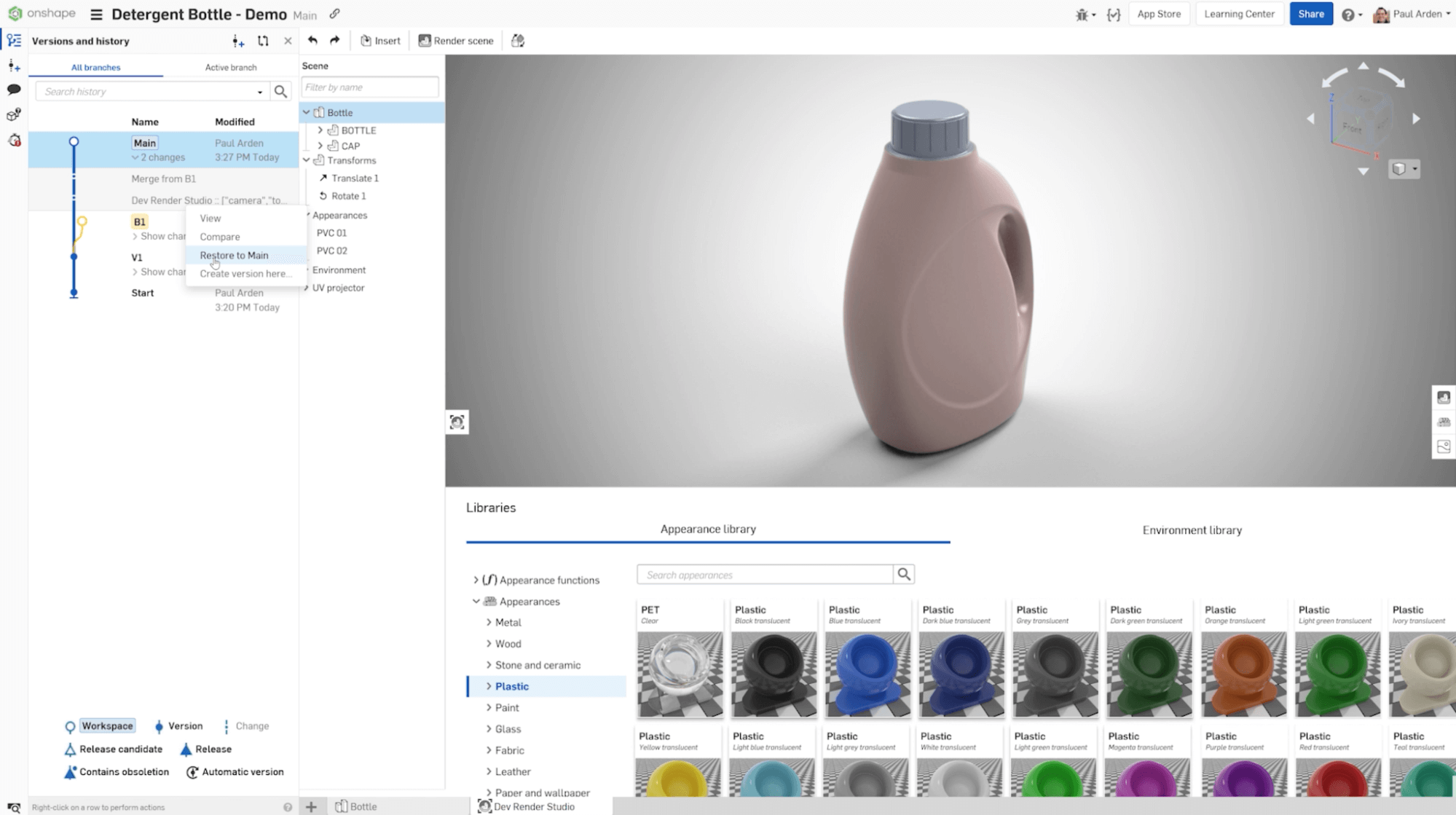 Render Studio with the appearance library open