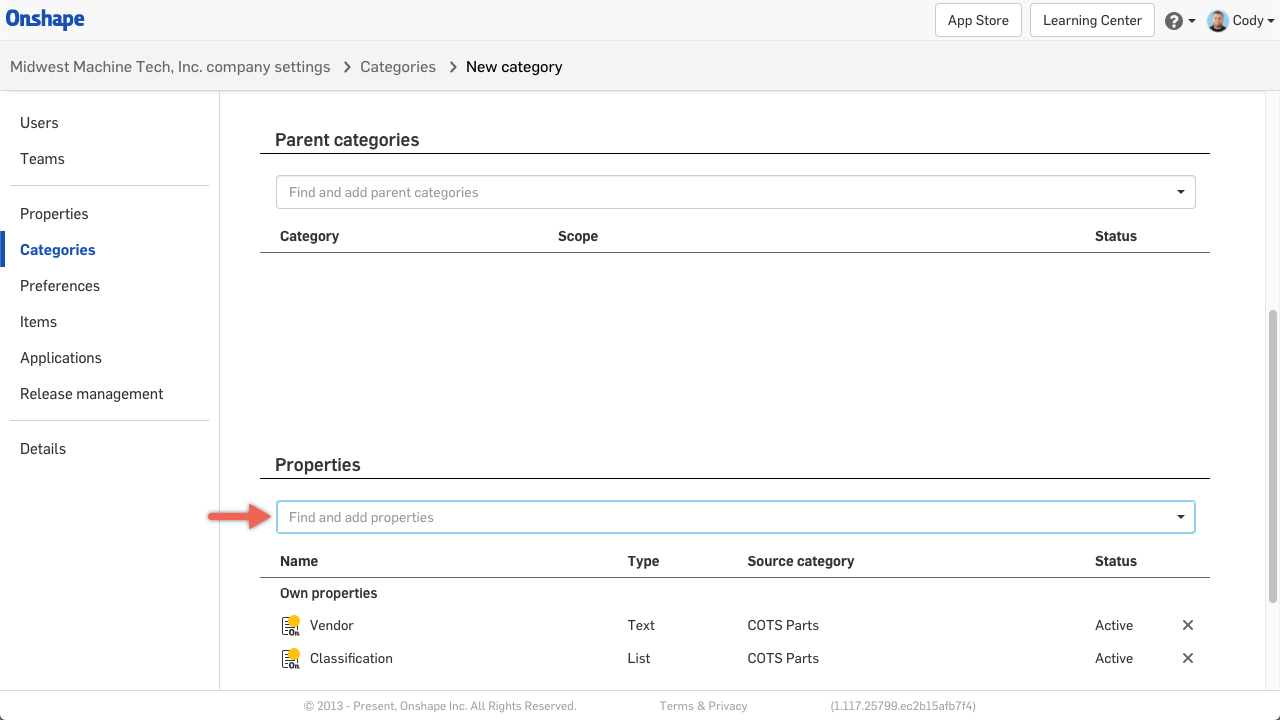 Adding Properties to Category Onshape