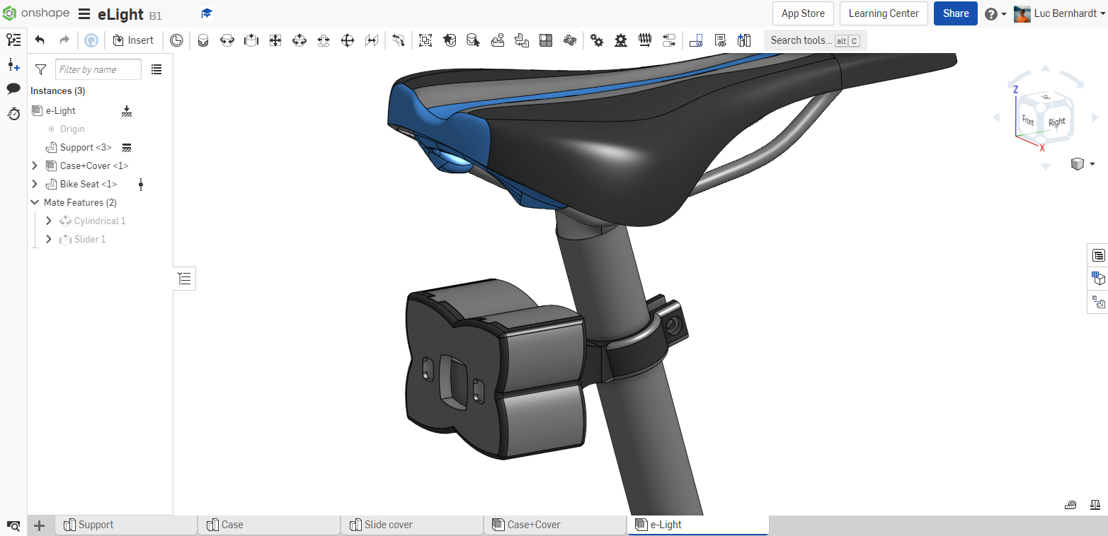 a CAD model of the elight attached to a bike