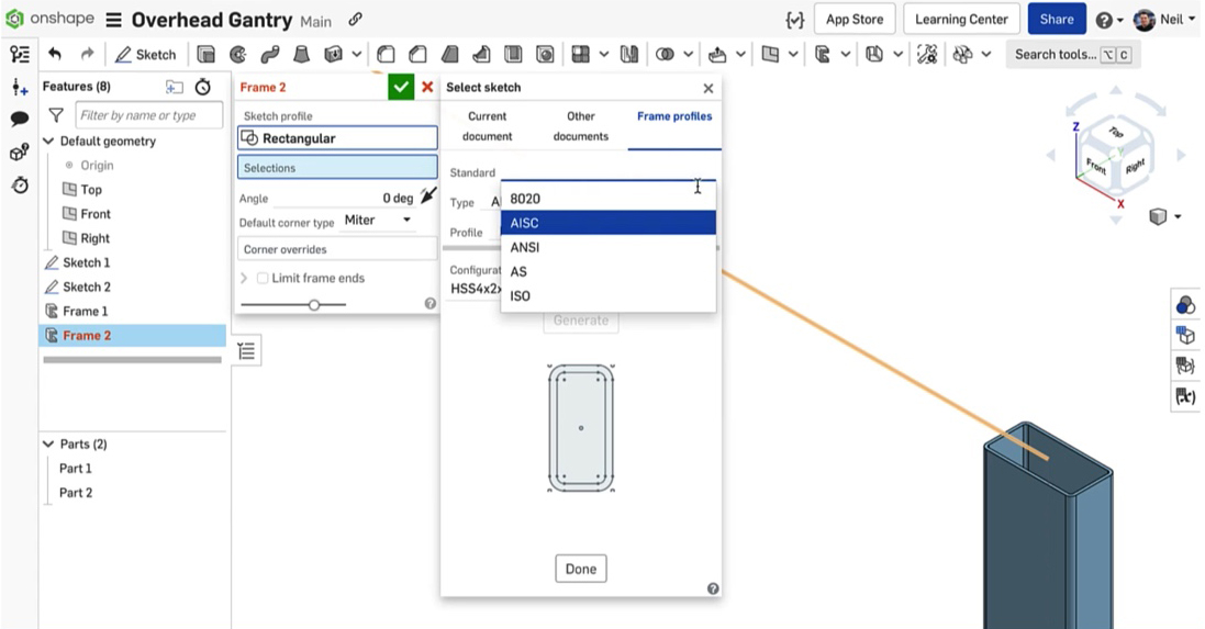 Onshape Frames useful tools