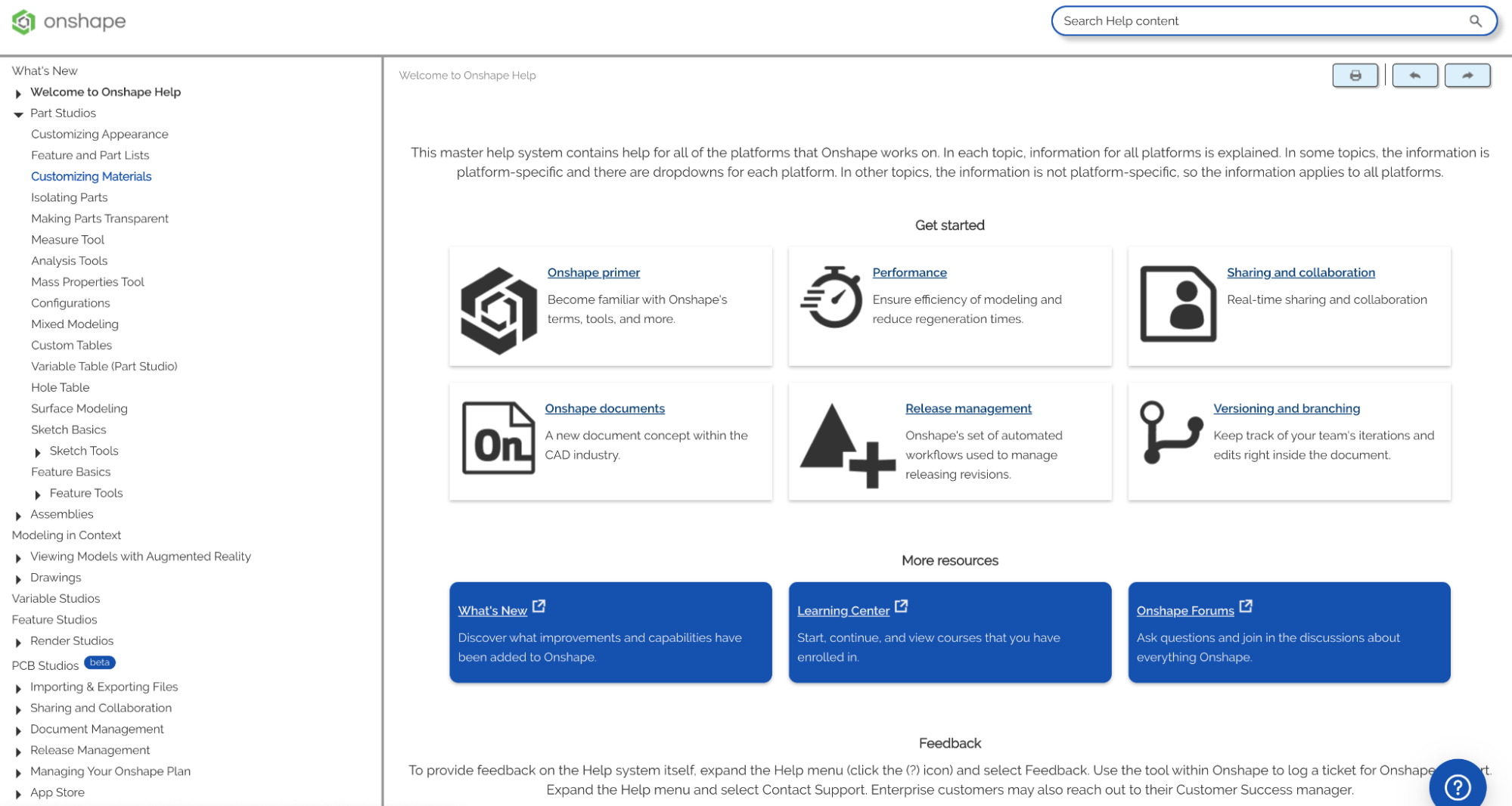 Onshape's Documentation interface