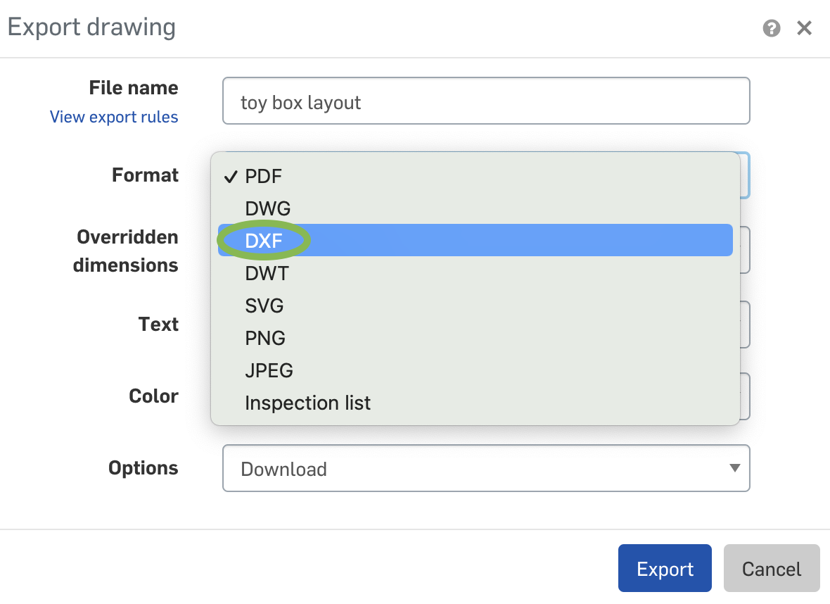 export drawing popup