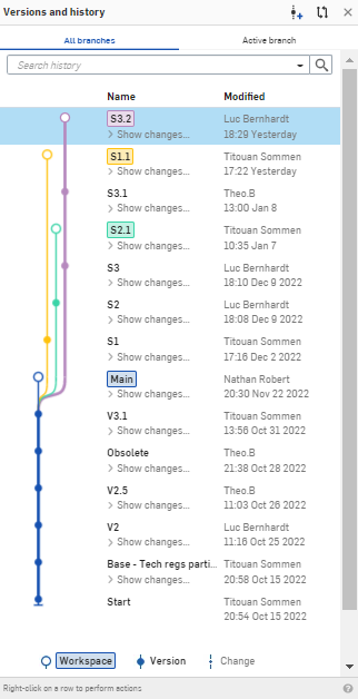 Onshape's versioning panel