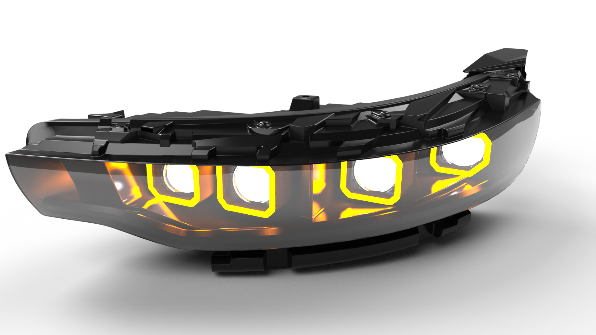 A rendering of an automotive headlight assembly on a white background