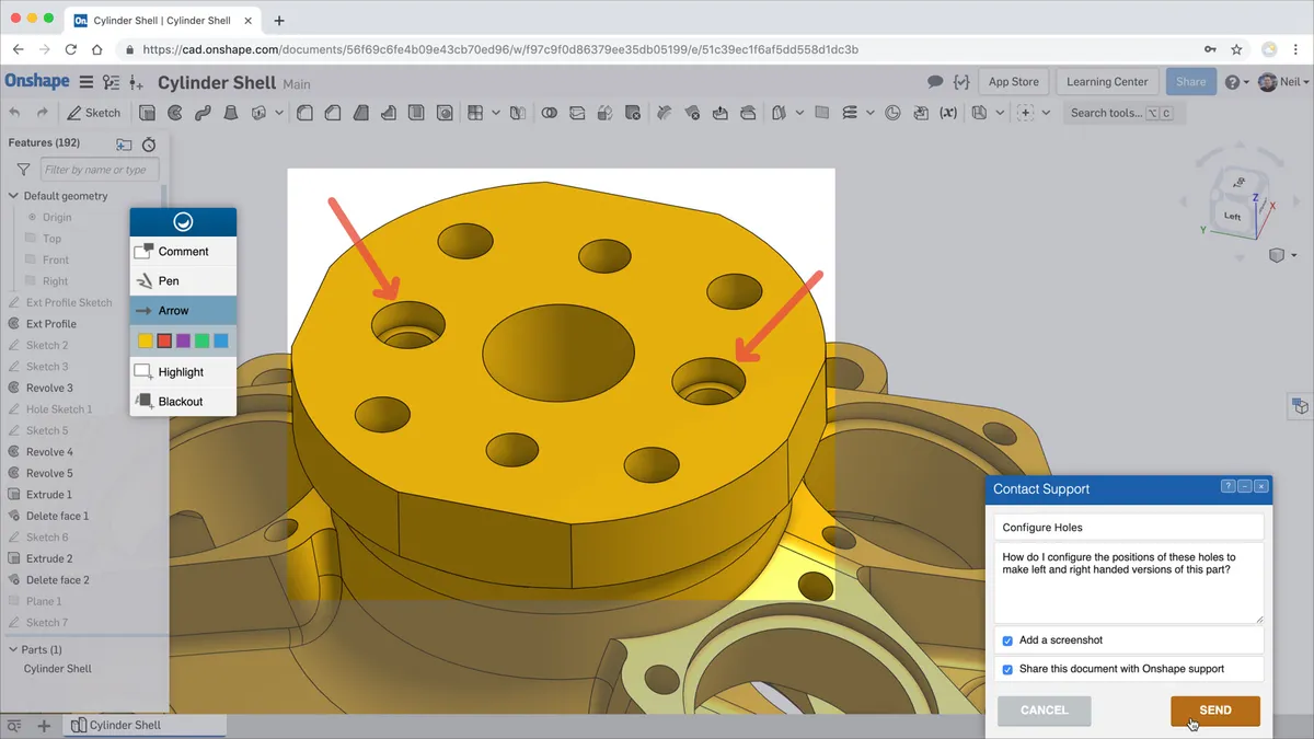 The support pop-up in Onshape