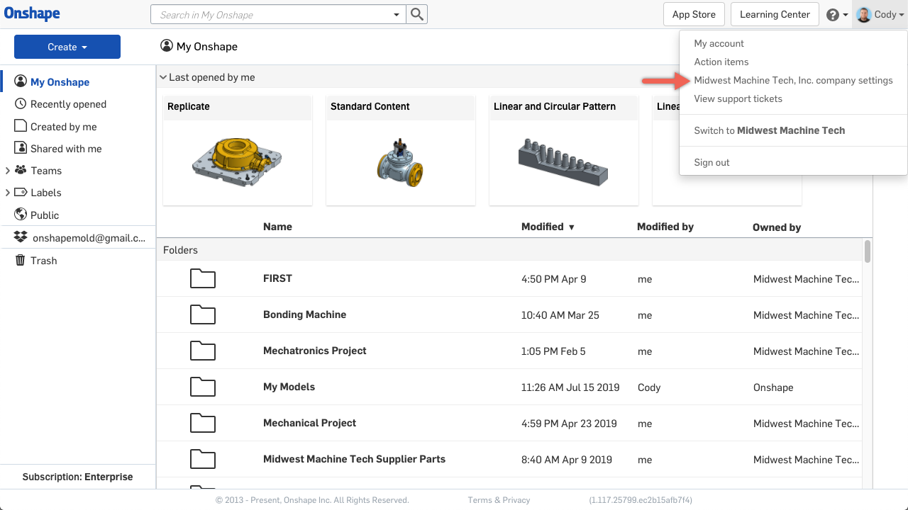 Company Settings Onshape