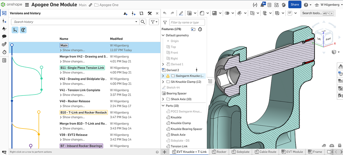 The Versions and History panel showing design changes.