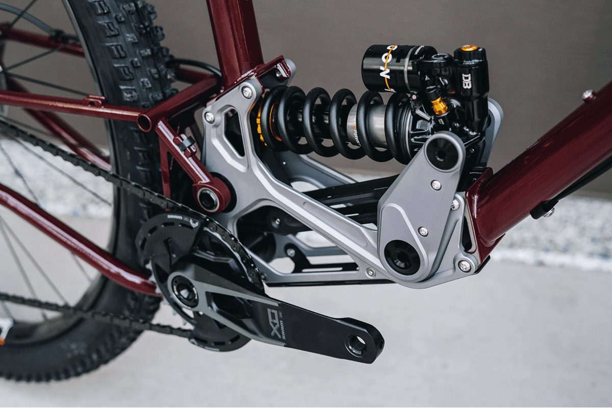 Close-up of the bike's suspension module. 