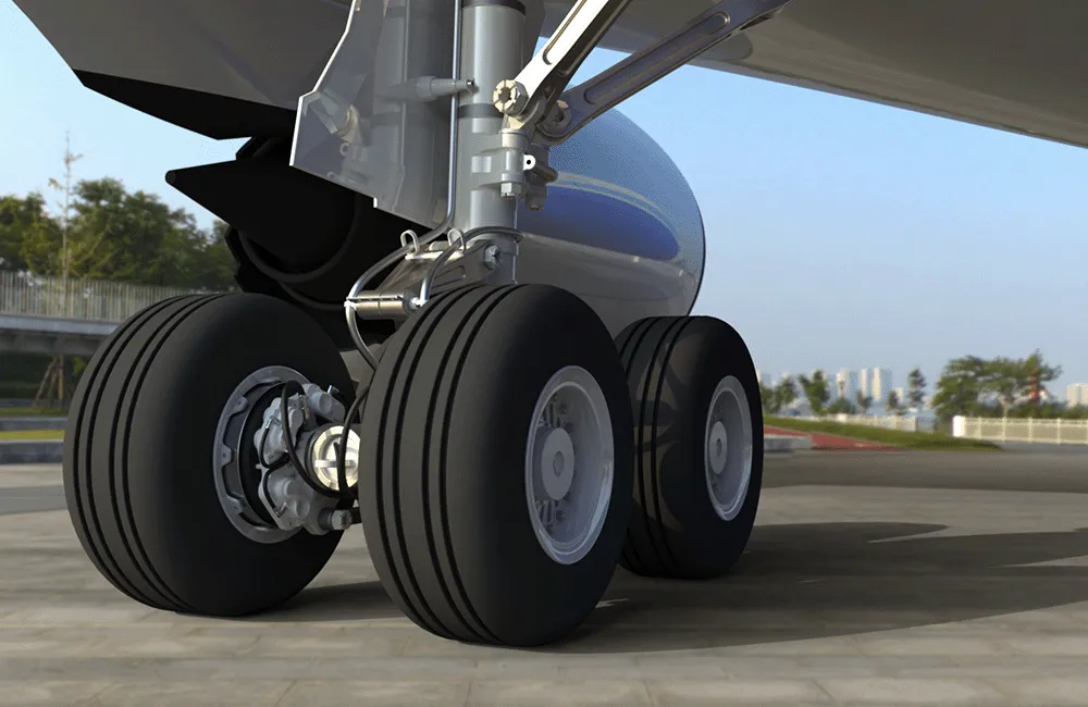 3D rendering of a plane's landing gear on the tarmac