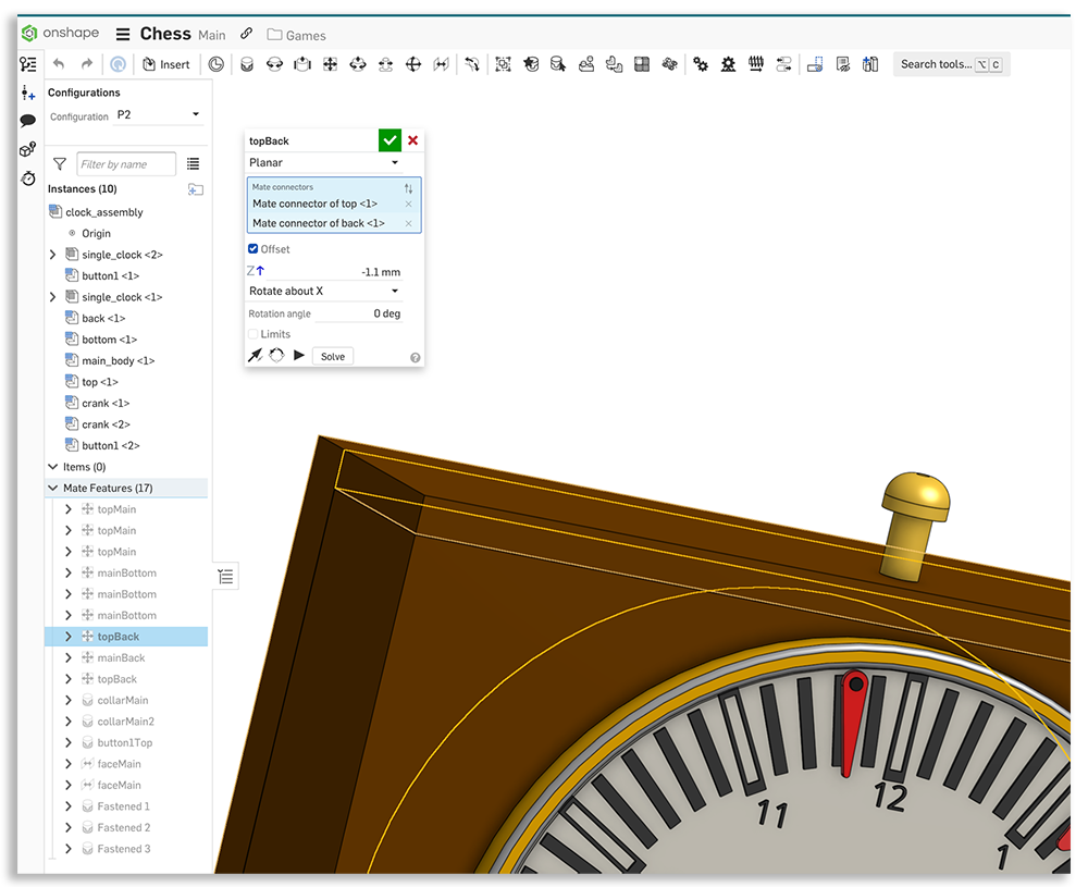 Closeup of clock in Onshape