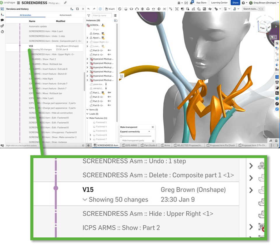 The version tree in Onshape