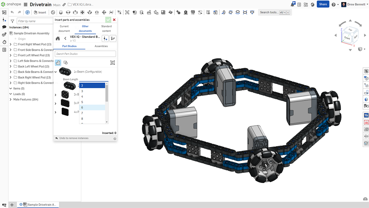 Inserting several VEX IQ parts into Onshape