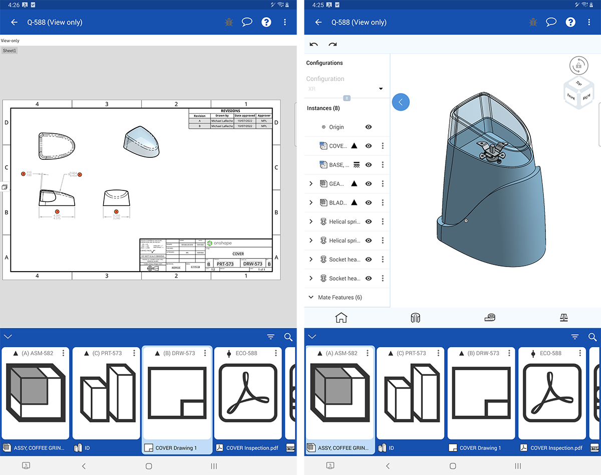 Onshape interface on Android