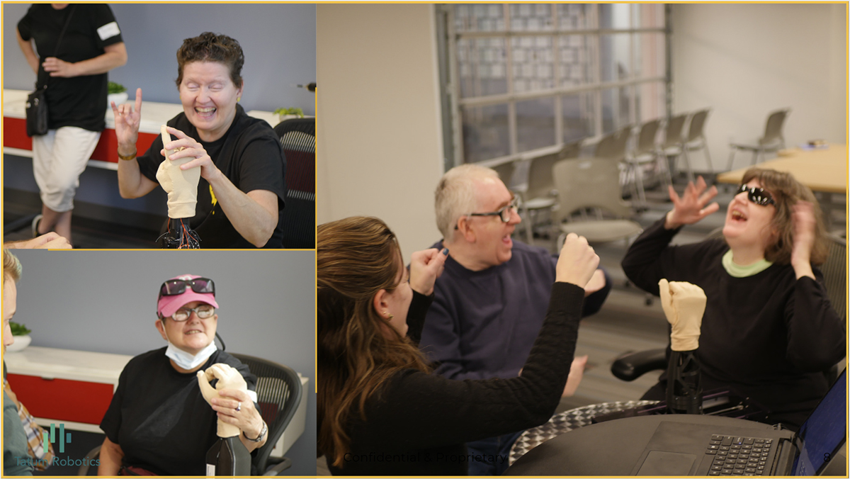 Volunteers using Tatum’s robotic tactile sign language translator