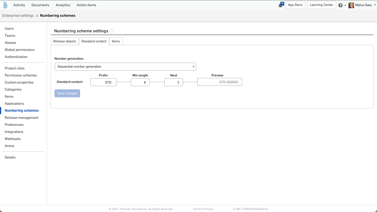 Numbering scheme settings.