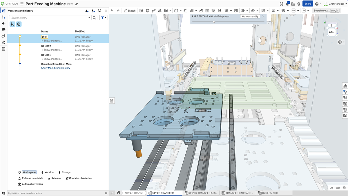 An Onshape design, on a DFM branch