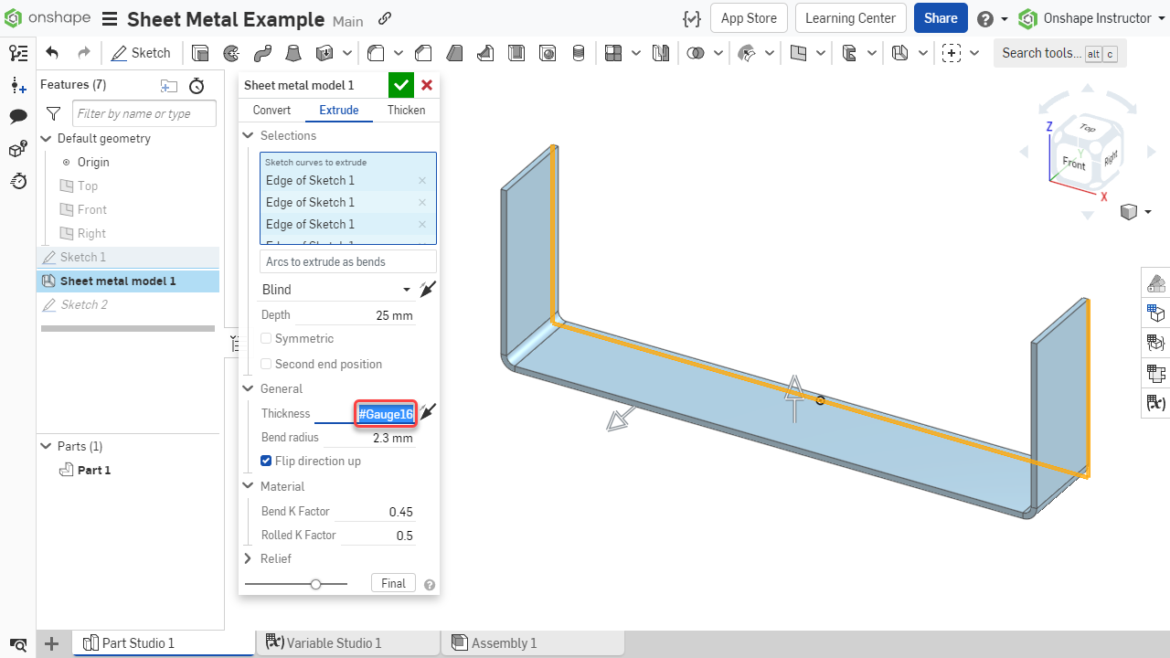 Sheet metal model using Variable Studios