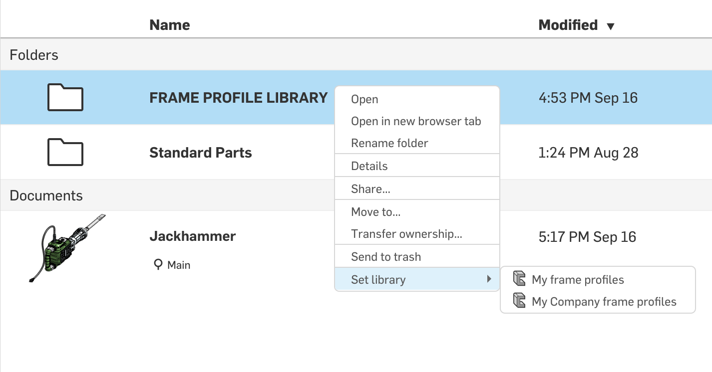 Set library>My frame profiles