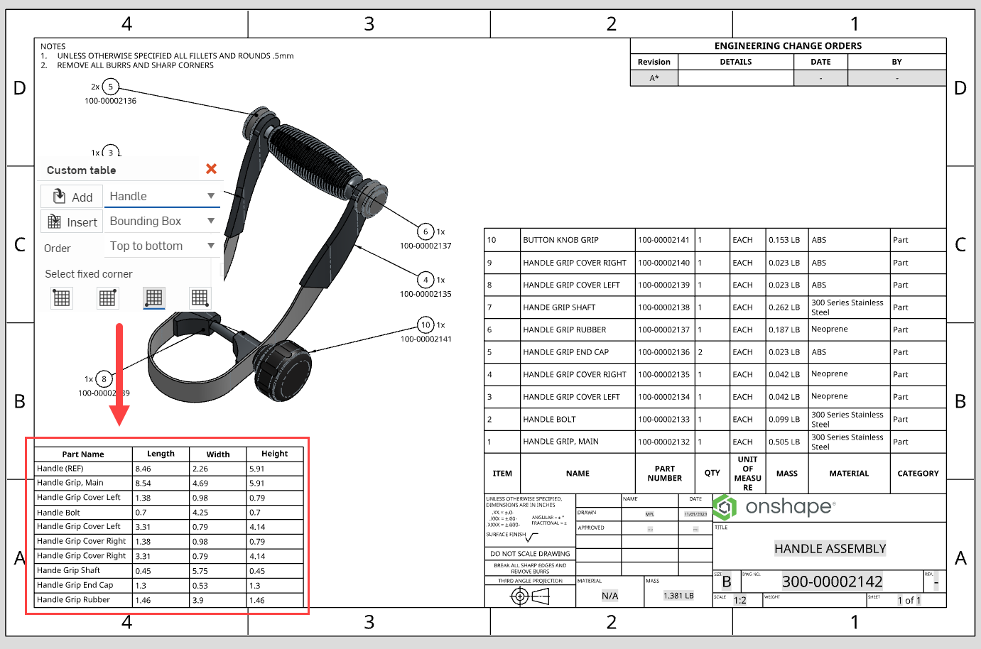 Drawing with a custom table inserted