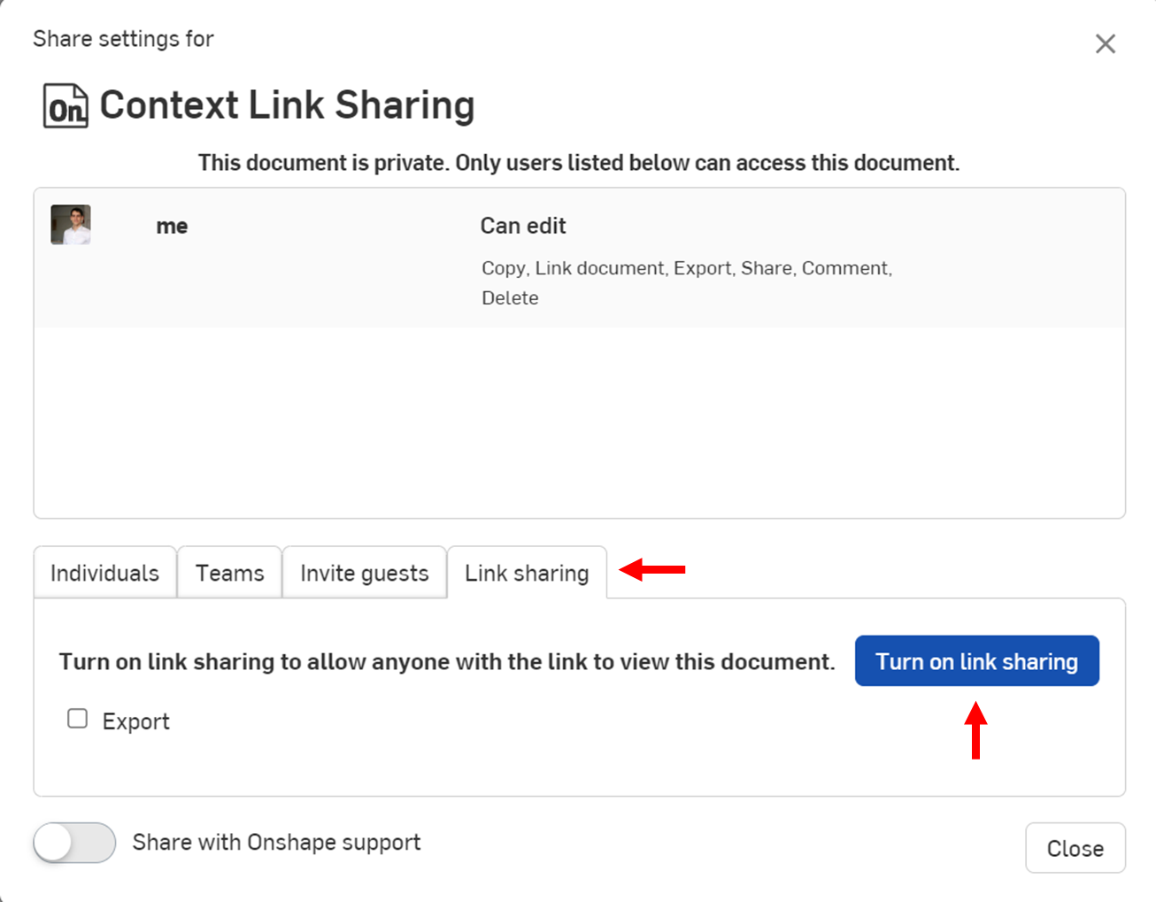 Share settings with Link sharing tab open