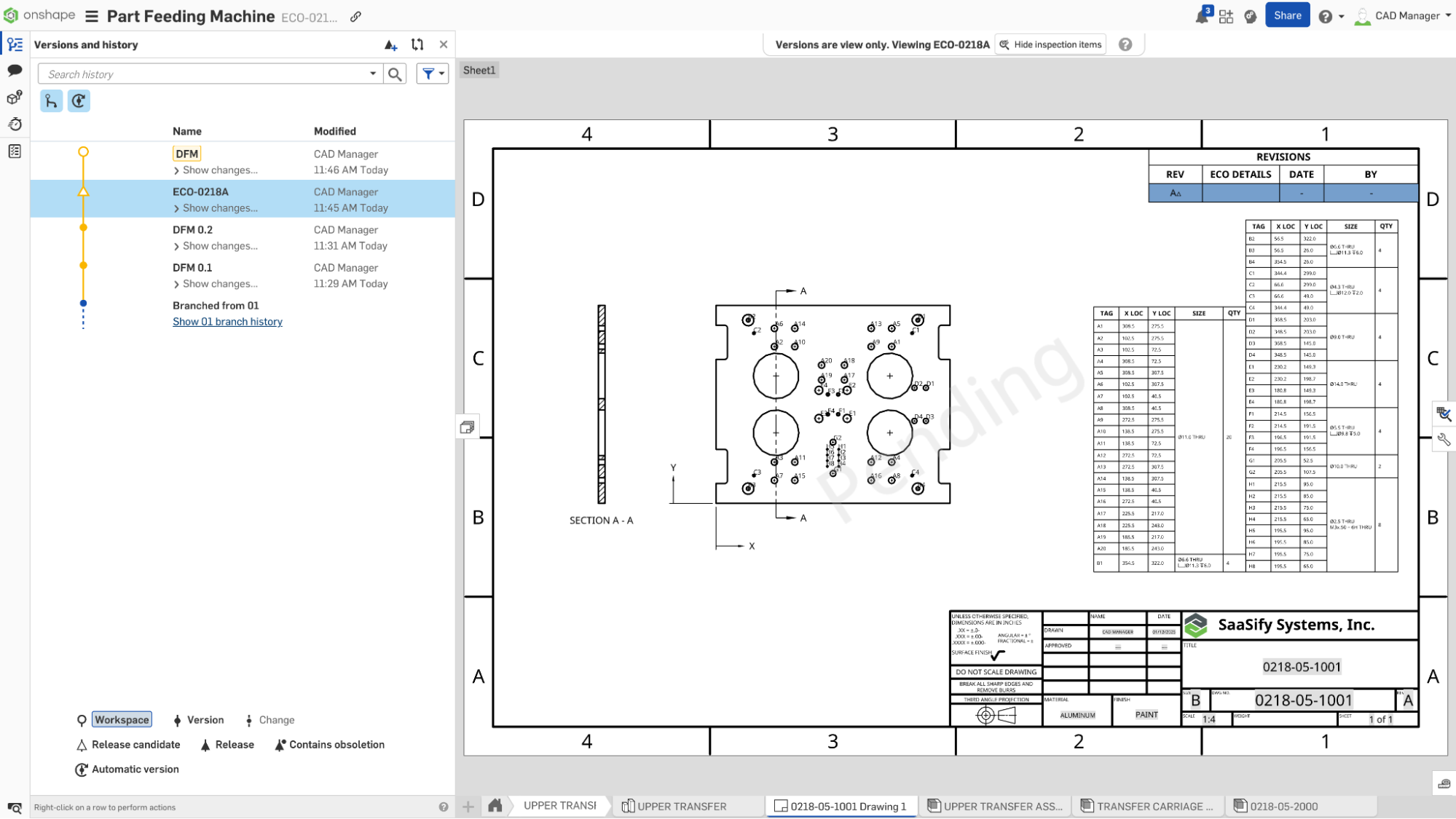 An Onshape drawing in a pending state