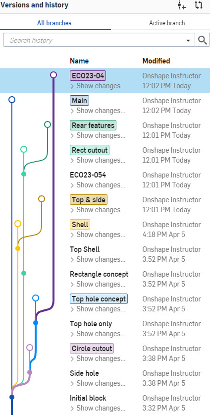 image of the versions and history panel