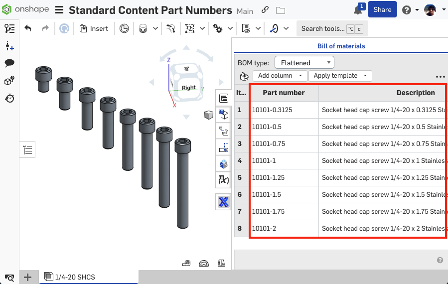 Part Numbers in a BOM