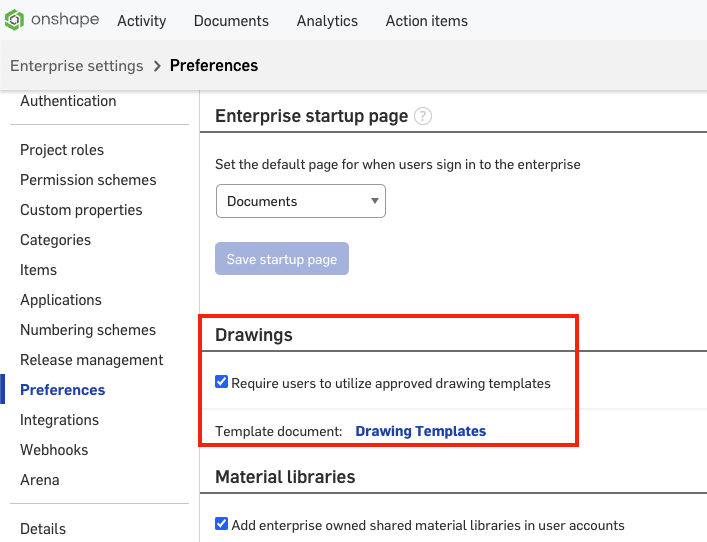 Drawings settings