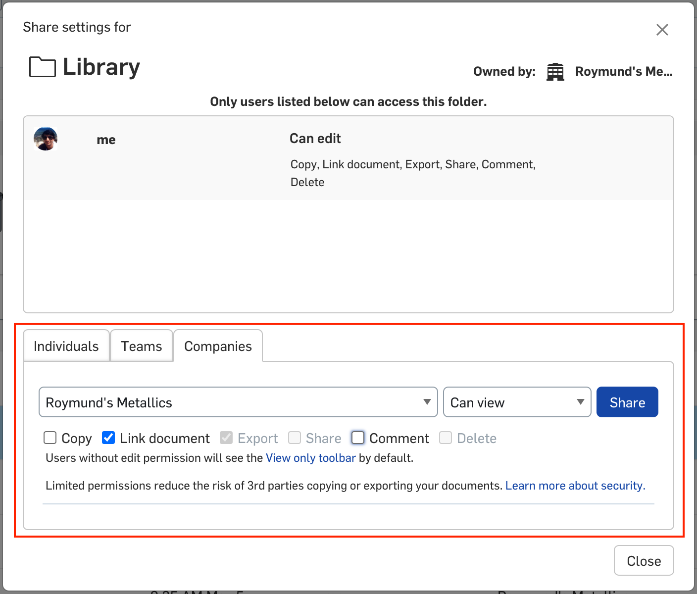 Share settings for a library