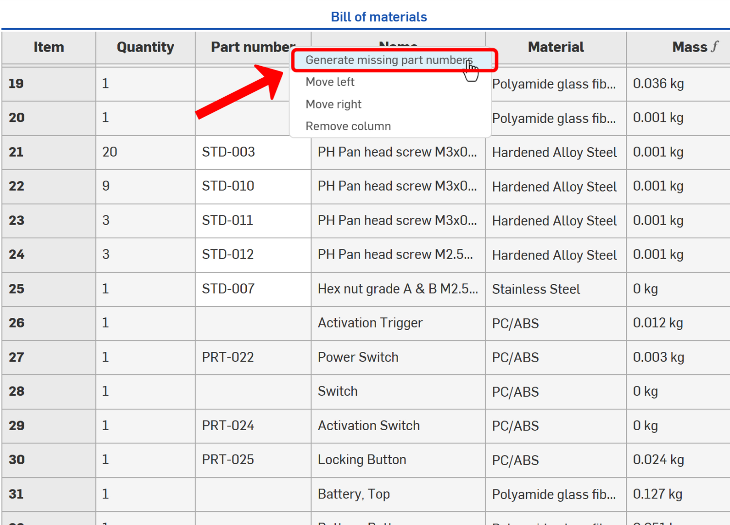 automatic part number generation