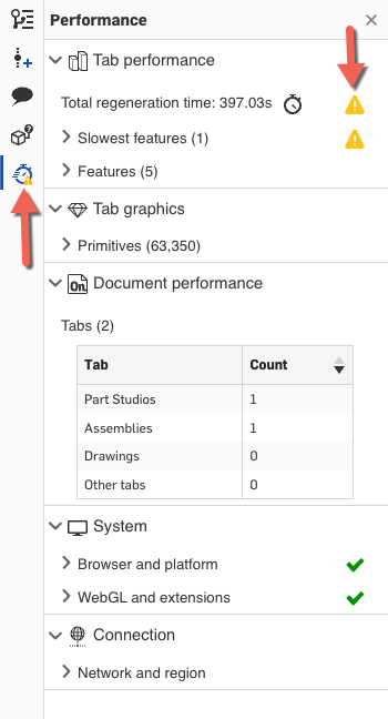 Screenshot of Onshape UI that shows errors in a model.