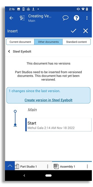 Create a Version from Insert Dialog on an Android device