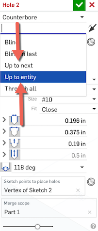 Screenshot of the Onshape Hole tool with a new options "up to entity."