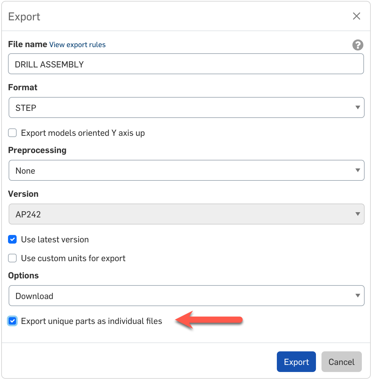 export unique parts as individual files