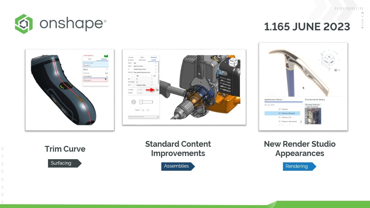 three images of 3D modeled objects in Onshape