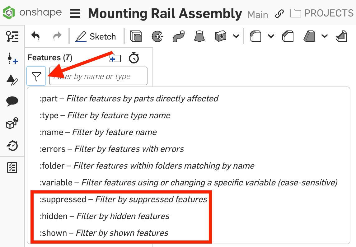 Suppressed, Hidden, and Shown Filters in Part Studio Search