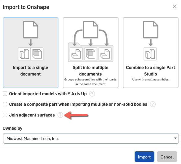 Screenshot of the import options in Onshape