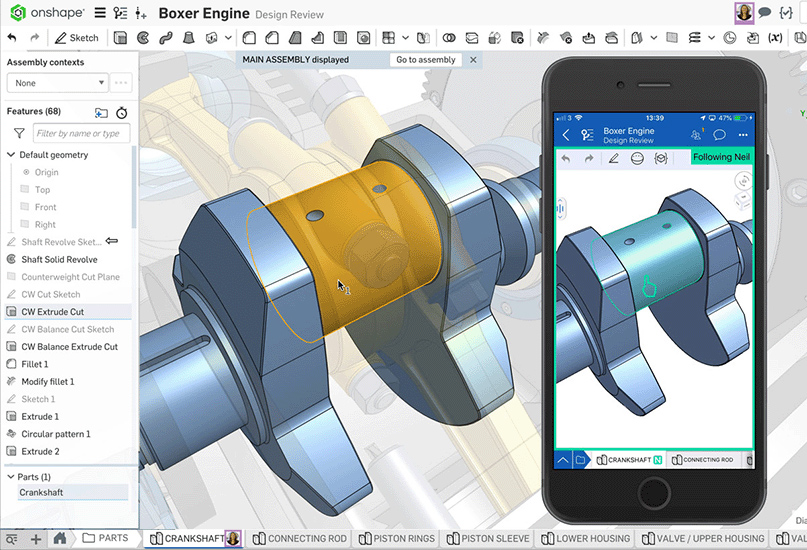 Captures d'écran d'Onshape, dans le navigateur et sur un téléphone portable collaborant avec ce dernier. 