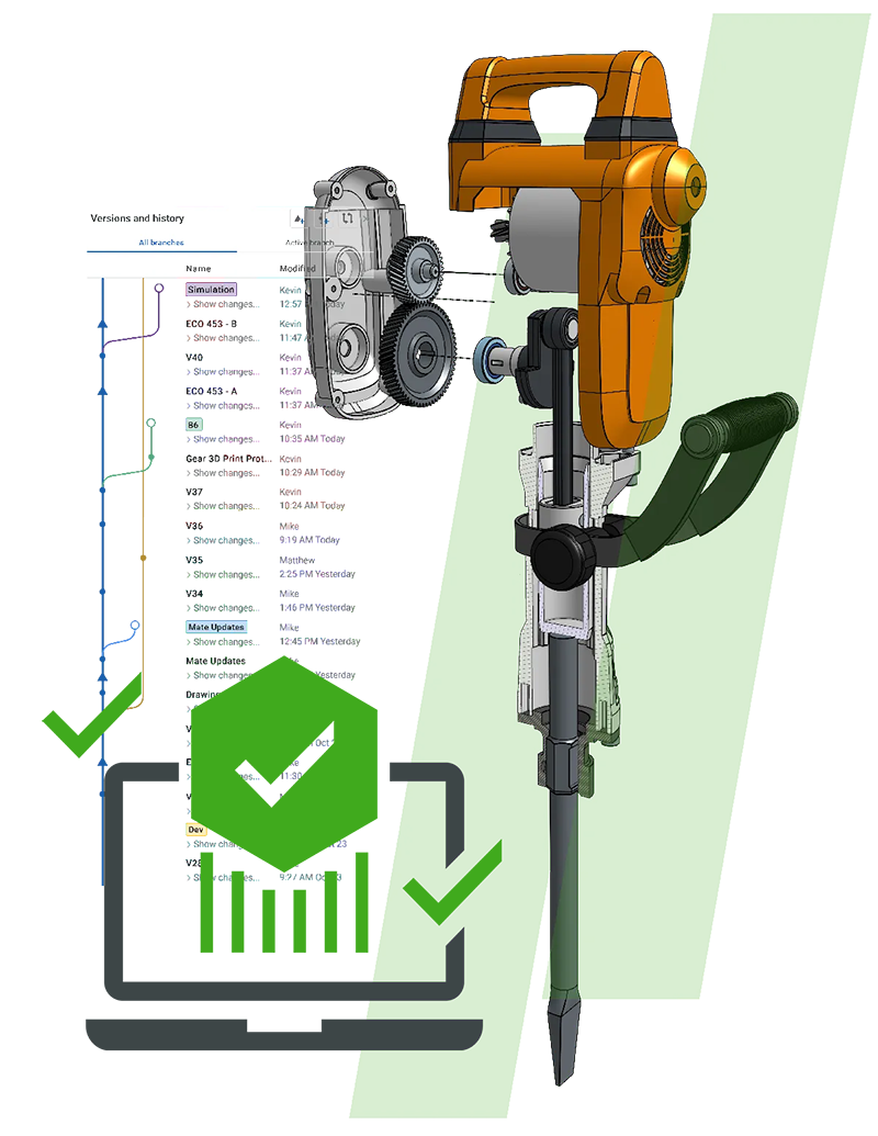 Onshape version and history tab overlayed with a 3D jackhammer model and a laptop checkmark icon, symbolizing simplified compliance.