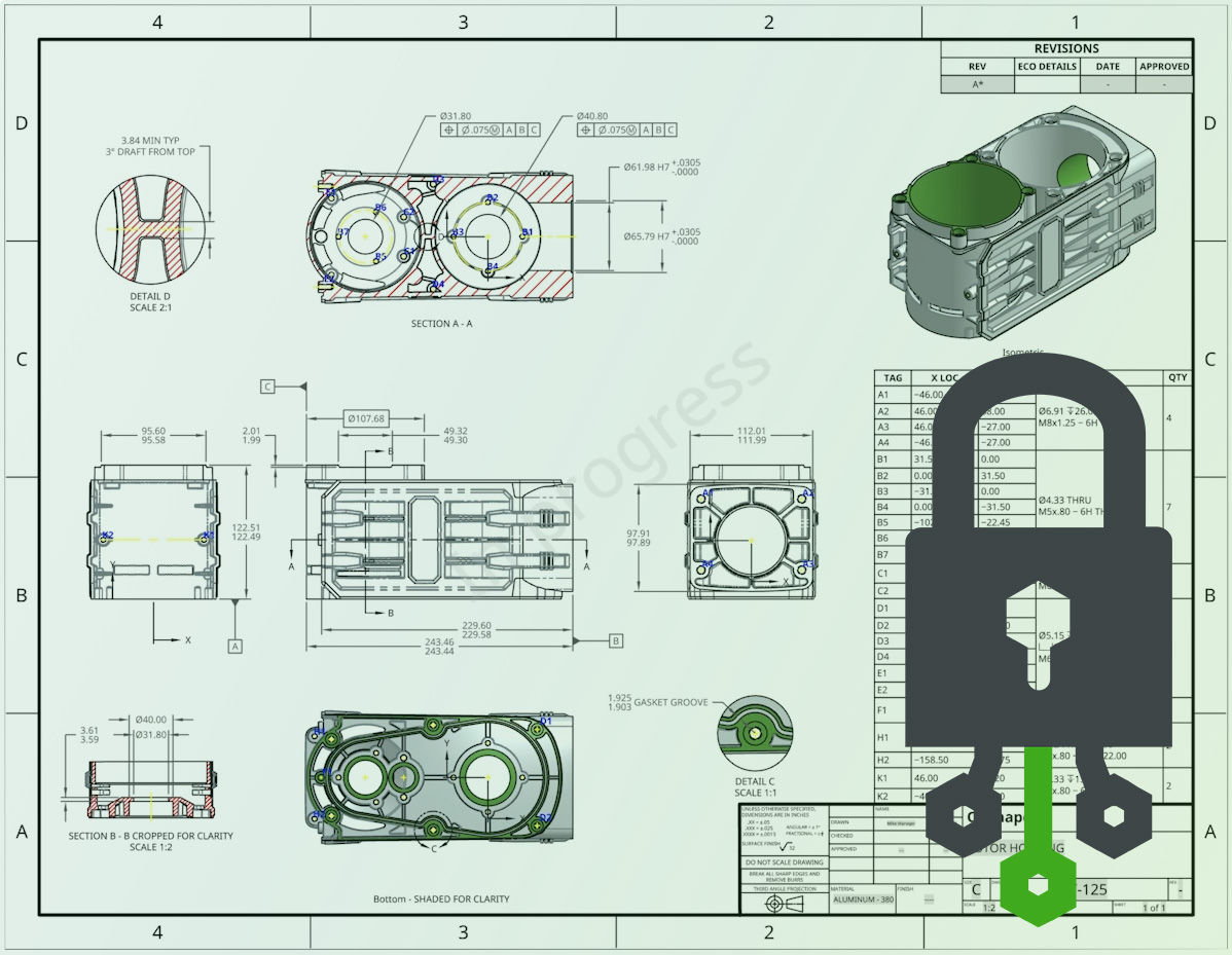 A technical drawing with a lock icon emphasizing secure design data management and compliance in Onshape Government.